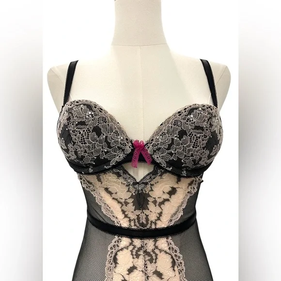 Y2K Victoria’s Secret Sexy Bustier Garter Slip Lace Mesh Lingerie Rhinestones - Picture 2 of 7